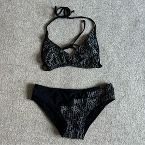 Black print bikini set with rhinestone detailing